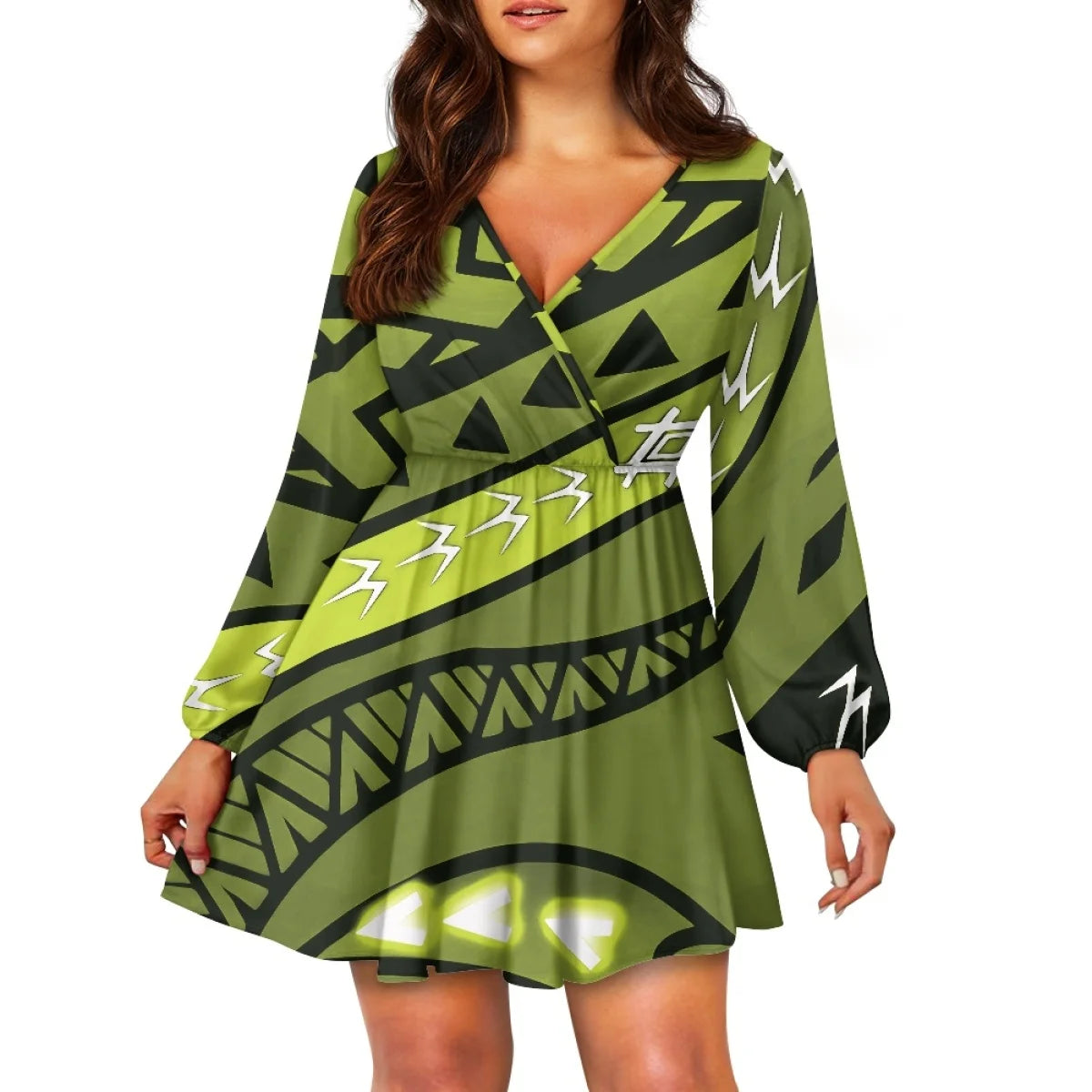 Teal Polynesian Tribal Design V Neck Dress Samoa Puletasi Plus Size Women's V Neck Dress Custom Island Style