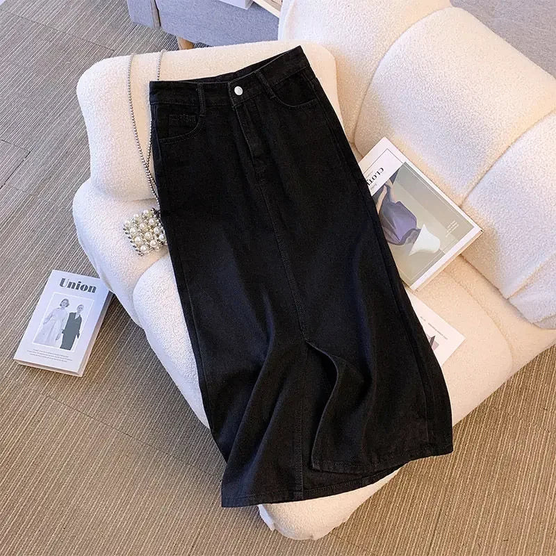 Wrap Women's Denim Skirt Blue Tight Female Jeans Skirts with Slit Luxury Elegant Stylish Premium Summer 2025 Modest Vintage Chic