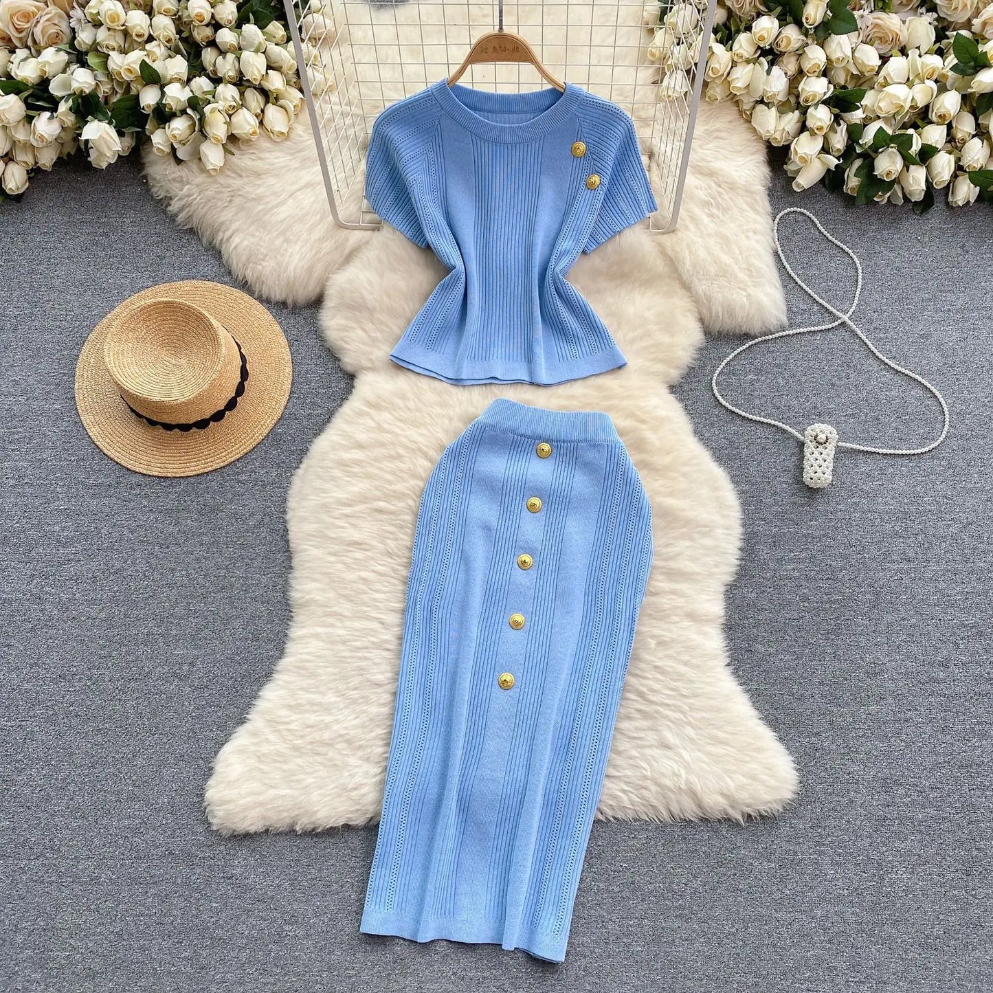 Skirt Set Women Two Piece Sets Dress Sets Short Sleeve Knitted Tops High Waist Long Skirts Elegant Splice Y2k Streetwear Work