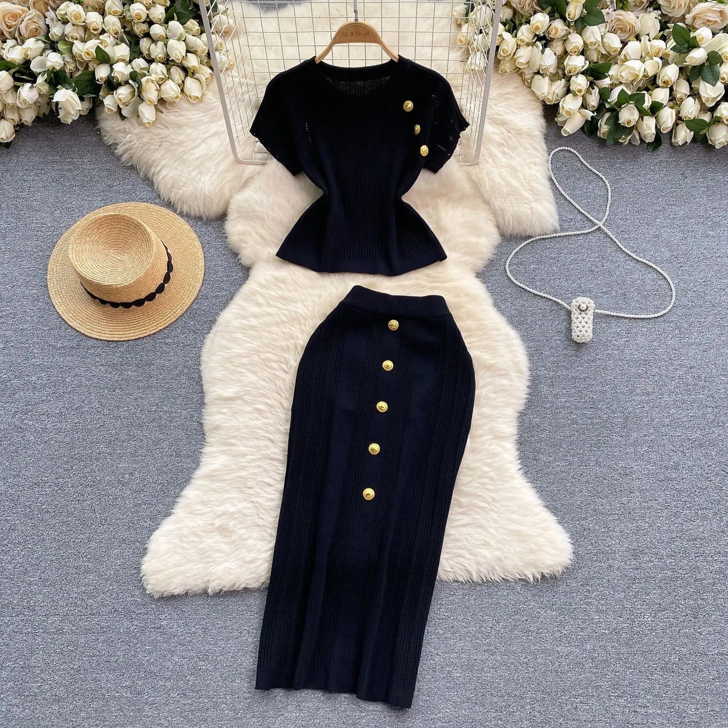 Skirt Set Women Two Piece Sets Dress Sets Short Sleeve Knitted Tops High Waist Long Skirts Elegant Splice Y2k Streetwear Work