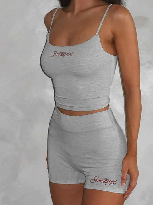 IAMSURE Basic Solid Shorts Sets WomenSummer Casual Slim 2 Piece Set Sleeveless Slash Neck Camis Top Mid-Waisted Shorts