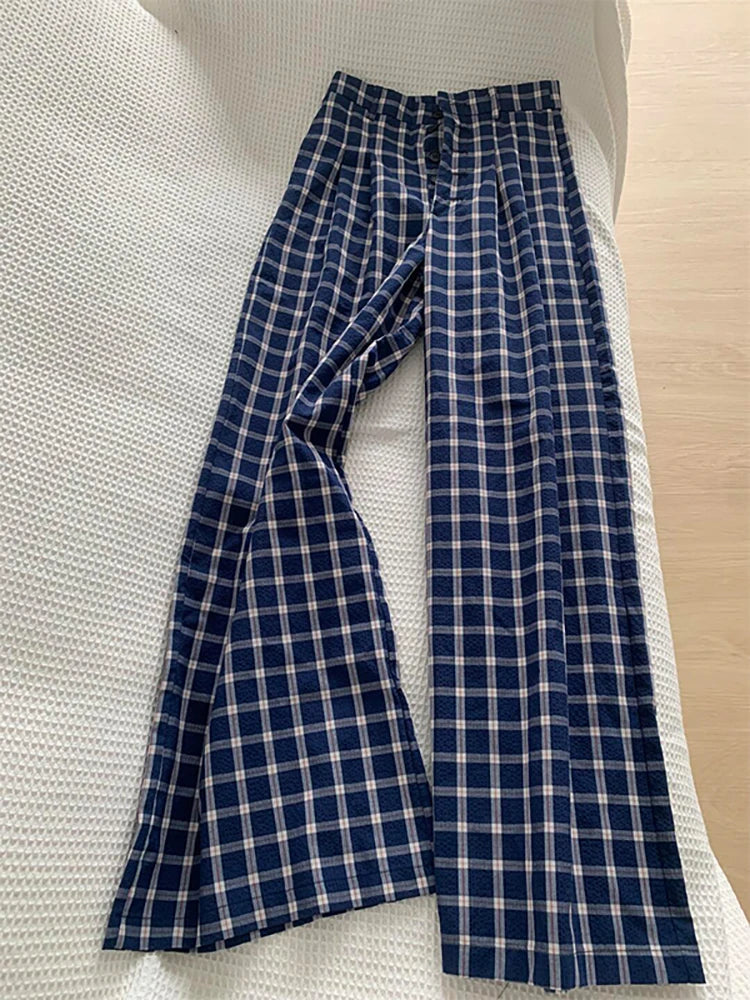 Retro Plaid Casual Pants For Women Chic High Waisted Loose Straight Leg Trousers 2025 New Versatile Breasted Floor Length Pants