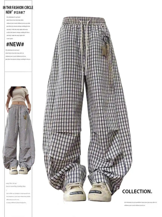 Women Y2k Baggy Plaid Pants Harajuku Long Pants with Elastic Band Japanese 2000s Style Sweatpants Vintage Trousers Clothes 2025
