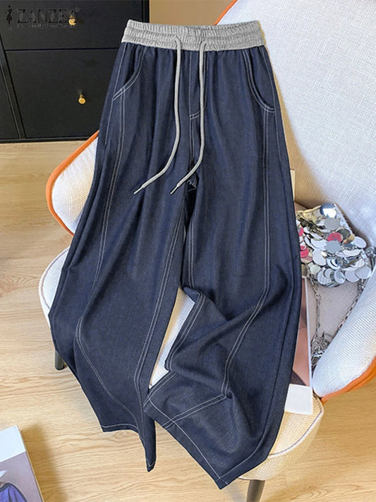 ZANZEA Women Denim Wide Leg Pants 2025 Casual Pockets Elastic Waist Long Pants Fashion Pleated Lace-up Trousers Loose Bottoms
