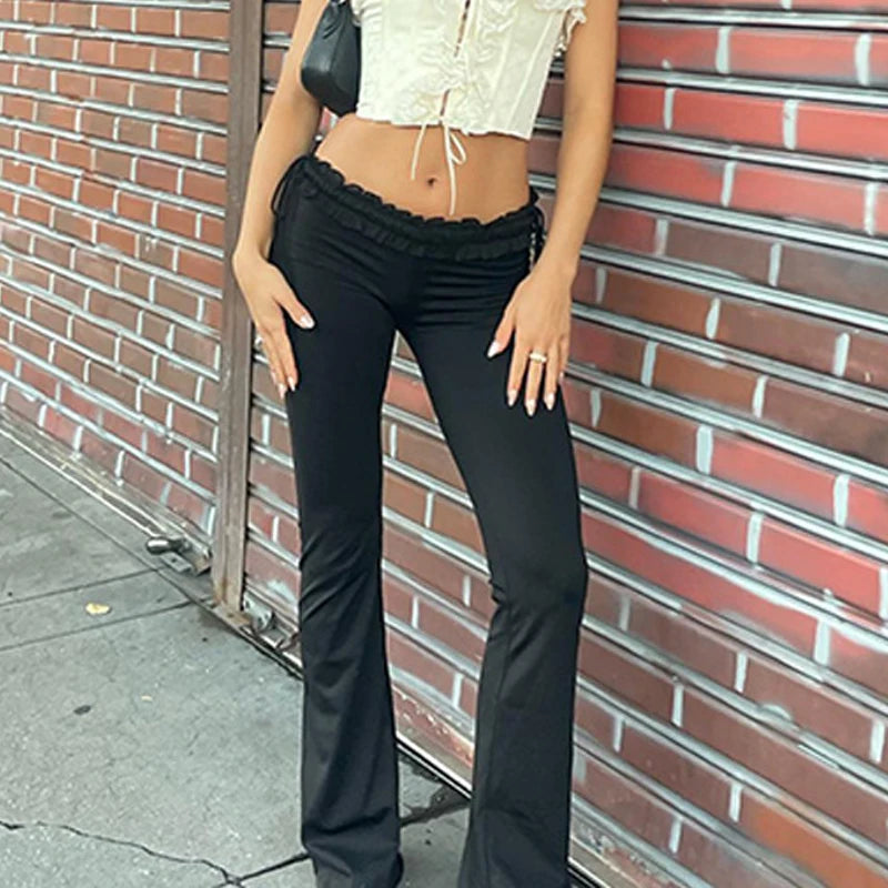 Goth Dark Y2k Ruffles Fairy Pant Sexy Women Pants Gothic Skinny Fashion Boot Cut Trousers Grunge Trim Bandage Streetwear Bottoms