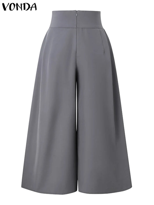 Plus Size 5XL VONDA Elegant Suit Pants 2025 Casual Solid Color Zipper High Waist Pleated Wide Leg Pants Baggy Loose Long Bottoms