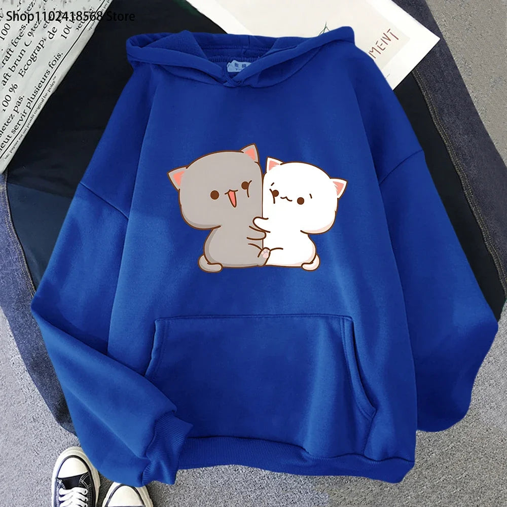 Kawaii Cat Hoodie Peach Funny Cute Sweatshirts Cartoon Print Clothing Women Aesthetic Spring Winter Pink Top Girls Hooded Female