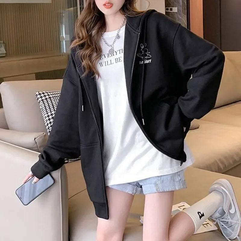 2024 spring, autumn and winter new lazy wind loose long-sleeved top embroidered pattern hooded sweater girls cardigan jacket