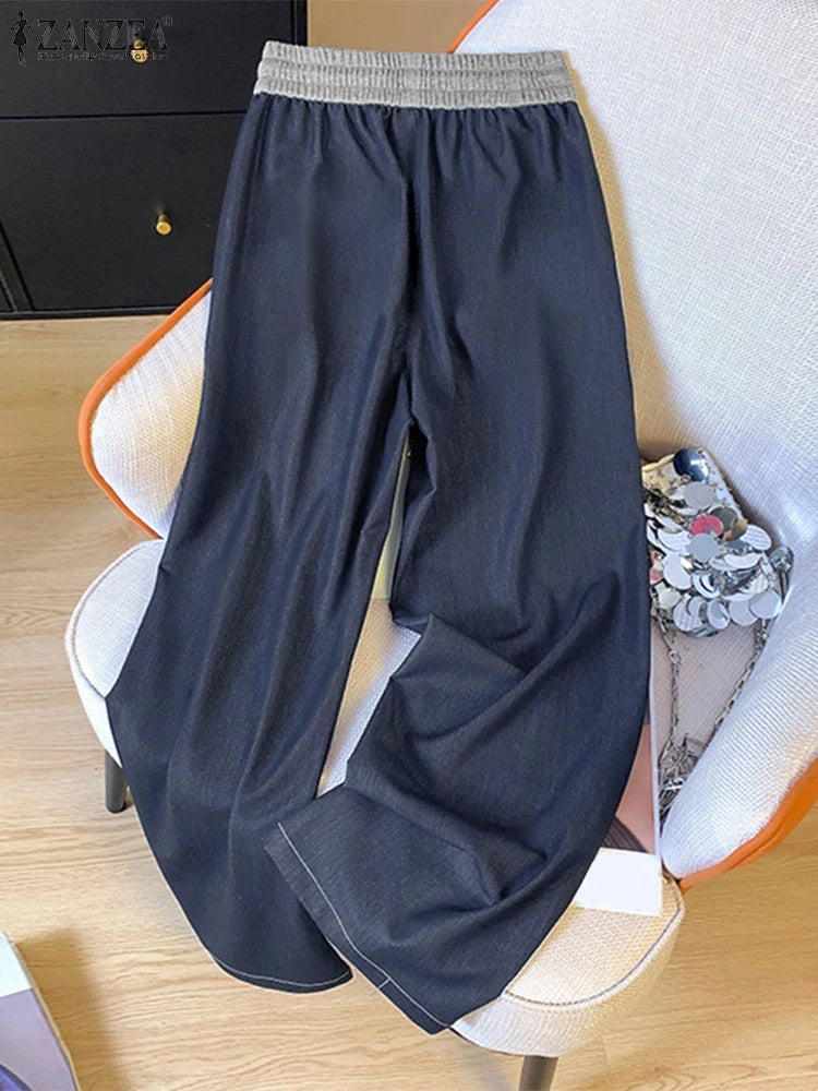 ZANZEA Women Denim Wide Leg Pants 2025 Casual Pockets Elastic Waist Long Pants Fashion Pleated Lace-up Trousers Loose Bottoms