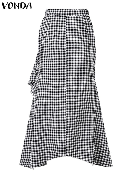 Plus Size 5XL VONDA Women Skirts 2025 Casual Waistband Split Asymmetric Skirts Elegant Plaid Overskirts Ruffled Office Bottom