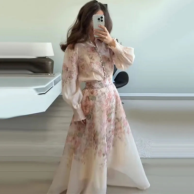 Women Flower Printed Dress Sets Long Sleeve Button Shirts+Pleated Zippers Skirts Two Pieces Suits Summer Lady Casual Outfits