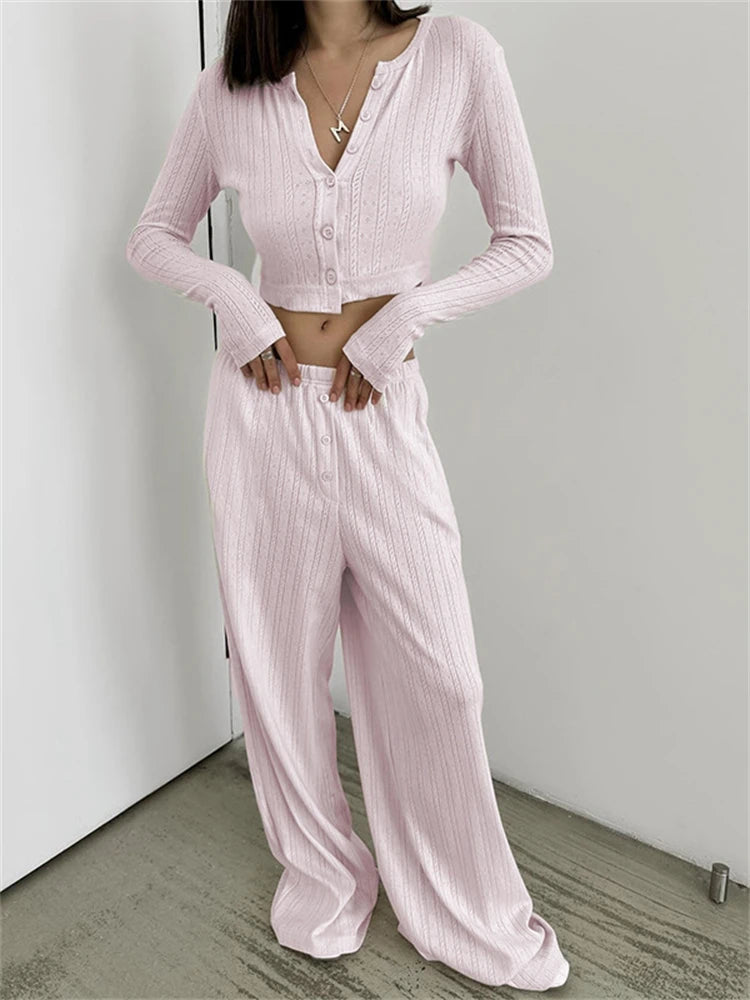 Absobe Pajamas Homewear Hollow Pants Casual Suit Women's Matching Sets Buttons Crop Cardigan Top Loose Trousers Autumn 2024 New