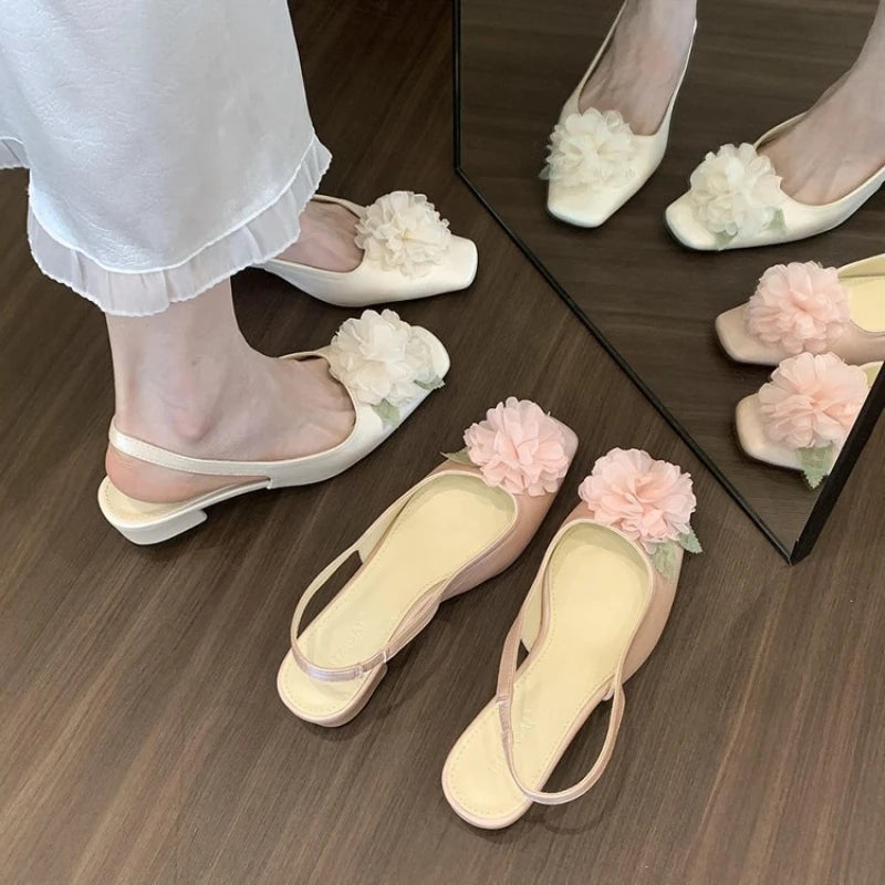 Flower Summer Sandals for Women Shallow Comfort Low Heel Dress Shoes Ladies Fashion Designer Footwear Female Zapatos De Mujer
