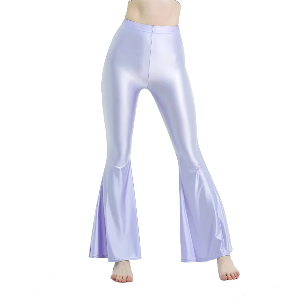 MJINM Women High-Waisted Spandex Flare Pants Glossy Colorful Silky Smooth Bodybuilding Dance Yoga Skinny Bell Bottoms Outer Wear