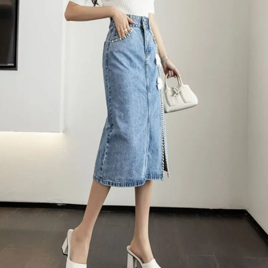 High Waist Women's Denim Skirt To Knees Length Quality Casual Streetwear Korean Fashion Summer 2025 New In Female Jeans Skirts