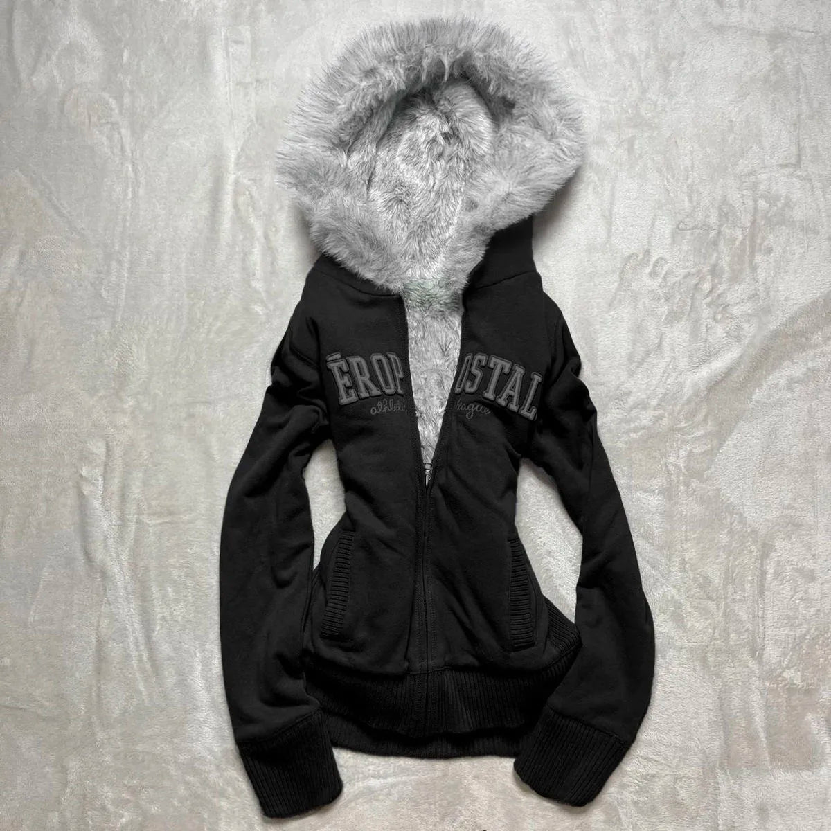Vintage Letter Fur Collar Hooded Sweatshirt Autumn Winter Zipper Y2K Retro Fleece Jacket Harajuku Embroidery Plush Dark Fashion
