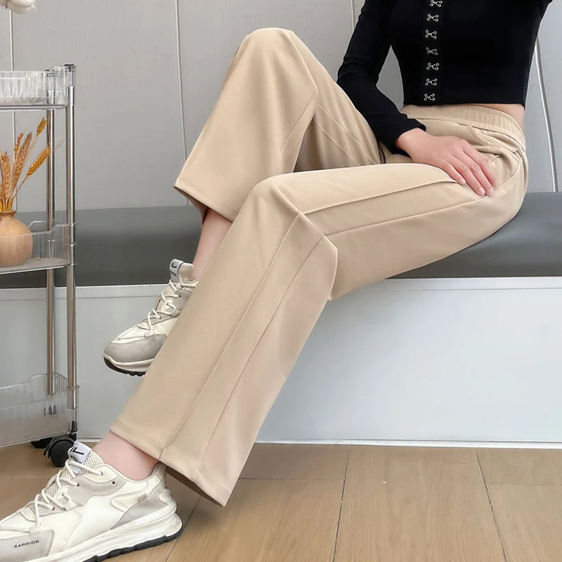 Women's Silk Pants Lady Summer Loose Commuting Straight Leg Pants High Waist Trousers Thin Knitwear Solid Color Bottoming Pant