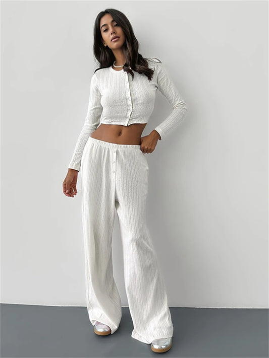 Absobe Pajamas Homewear Hollow Pants Casual Suit Women's Matching Sets Buttons Crop Cardigan Top Loose Trousers Autumn 2024 New