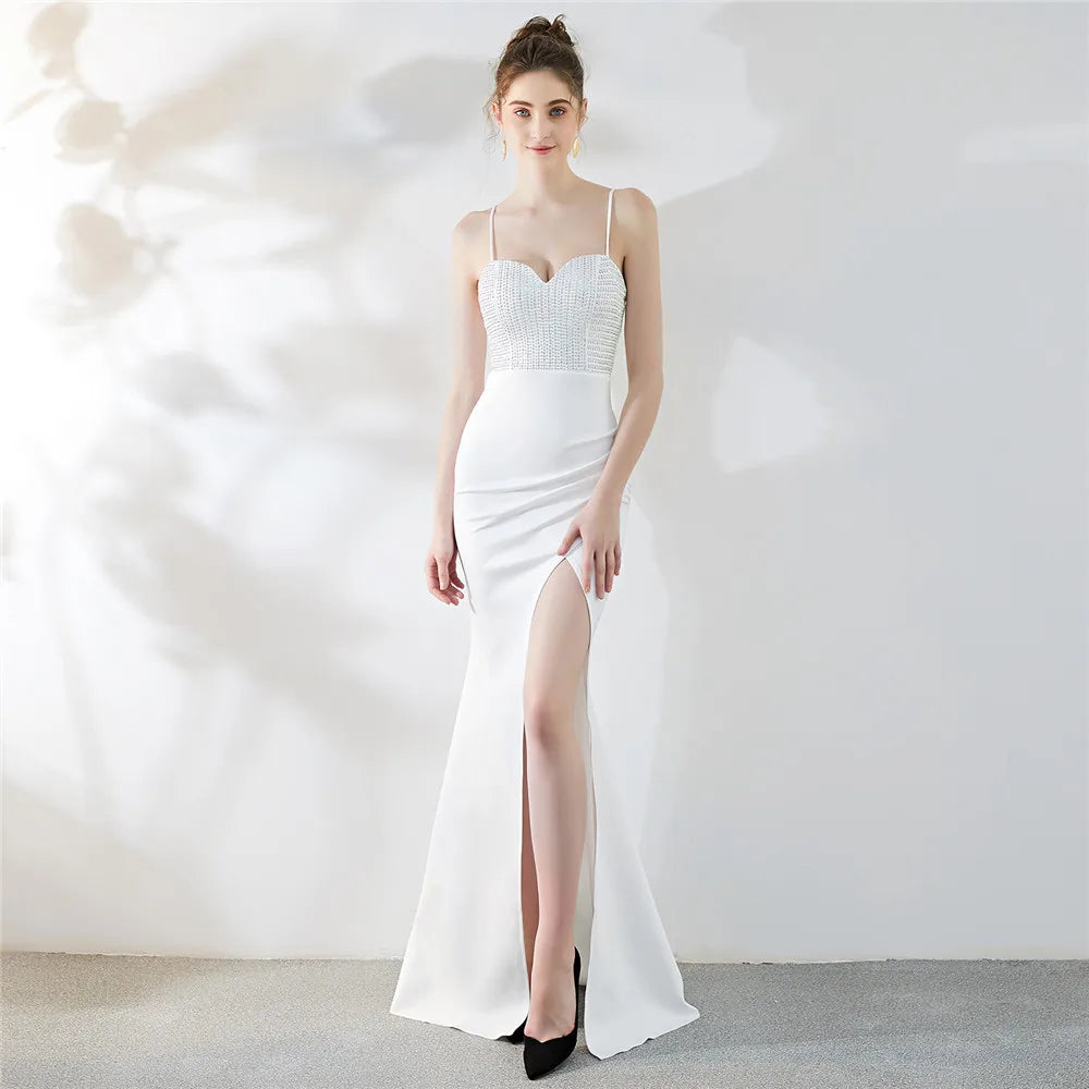 Customized Women's Sexy Strap Dress High Slit Evening Party Wear Crystal Dress