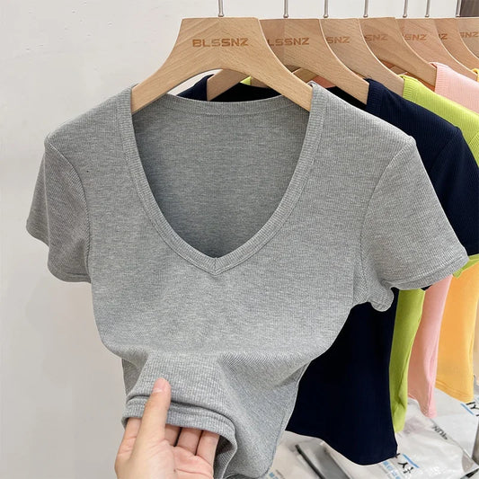 2025 Female Y2K Tops Clothes Summer Sexy Basic Crop Top Women Ribbed Short Sleeve T-shirts Casual V-Neck Solid Slim Fit Tee