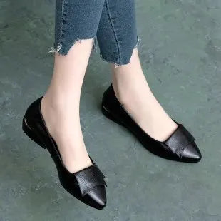 2025 New Summer Women's Flat Shoes Soft Leather Work Shoes Pointed Thick Heel Casual Womens Shoe Handmade Footwear Buty Damskie