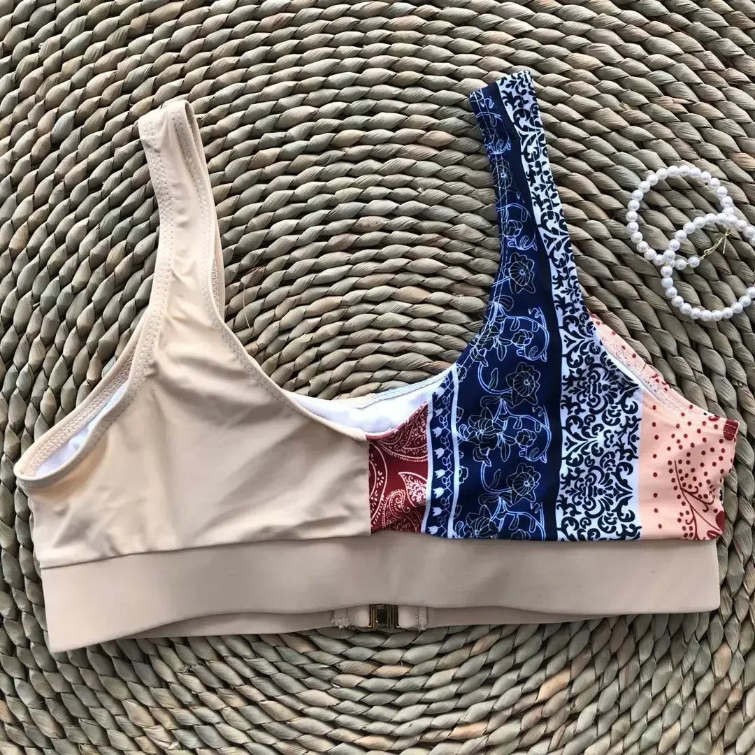 Sexy Bikini Top Women Push Up Swimwear Swimsuit Patchwork Print Sports Bra Bathing Suit Metal Buckle Crop Tops Banadores Mujer