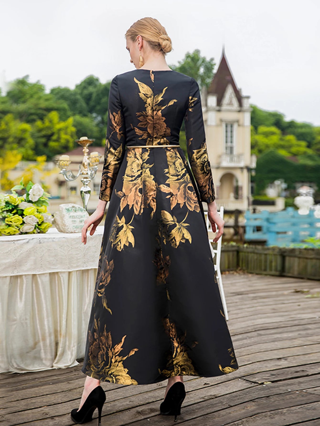 Elegant Female Long Maxi Jacquard Dress Pretty Dresses Women Evening Floral Vintage Ladis Party Fall Winter Clothes