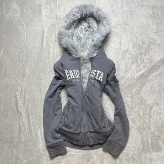 Vintage Letter Fur Collar Hooded Sweatshirt Autumn Winter Zipper Y2K Retro Fleece Jacket Harajuku Embroidery Plush Dark Fashion