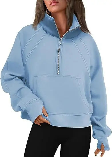 Stand Collar Casual Sweatshirts Half Zip Women Cropped Pullover Thumb Hole Overzised Hoodie Solid Color Plus Size Sports Outfit