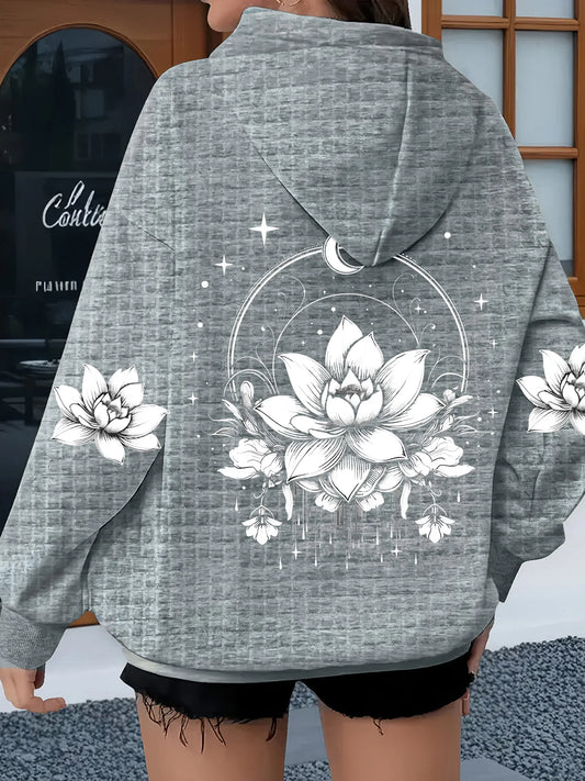 Plus Size Women Clothing Waffle Knit Tops For Women Lotus Flower Pattern Print Oversize Hoodies for Women With Pocket Sweatshirt