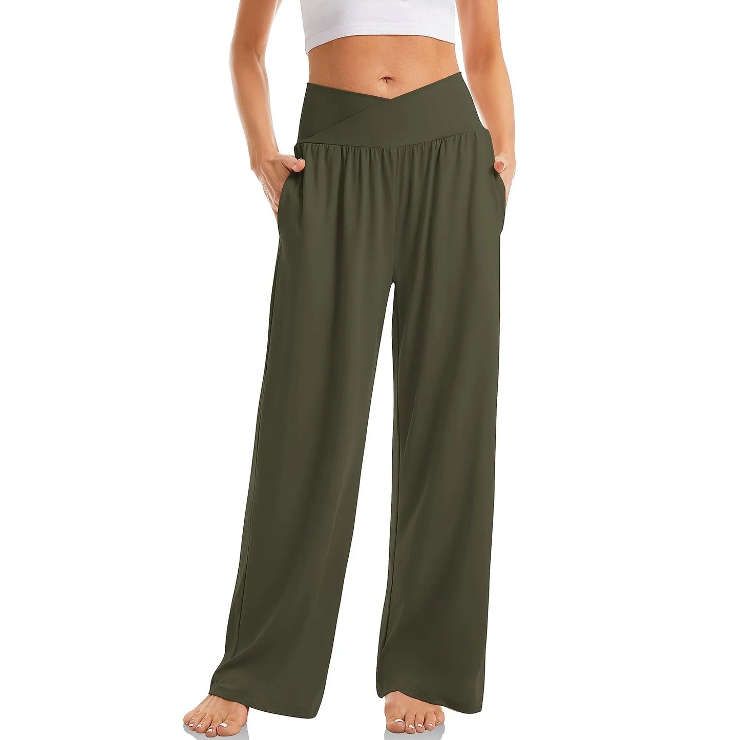 Women's High Waist Solid Color Casual Comfortable Elastic Waist Straight Trousers Wide Leg Sports Long Pants With Pockets