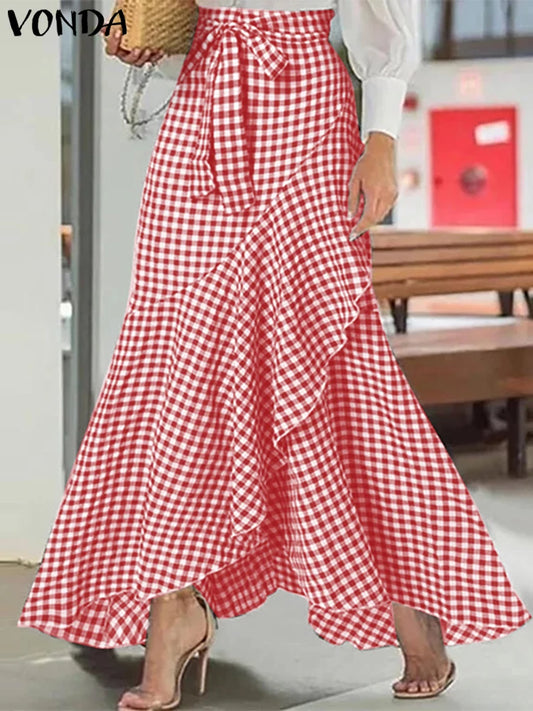 Plus Size 5XL VONDA Women Skirts 2025 Casual Waistband Split Asymmetric Skirts Elegant Plaid Overskirts Ruffled Office Bottom