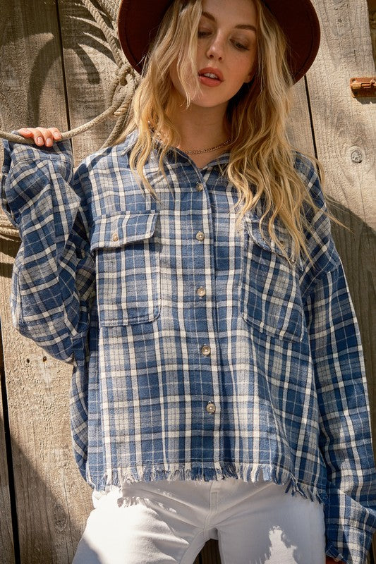 Perfect Find Blue Plaid Cotton-Blend Fray Hem Shacket