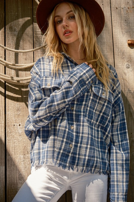 Perfect Find Blue Plaid Cotton-Blend Fray Hem Shacket