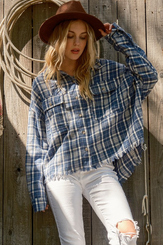 Perfect Find Blue Plaid Cotton-Blend Fray Hem Shacket
