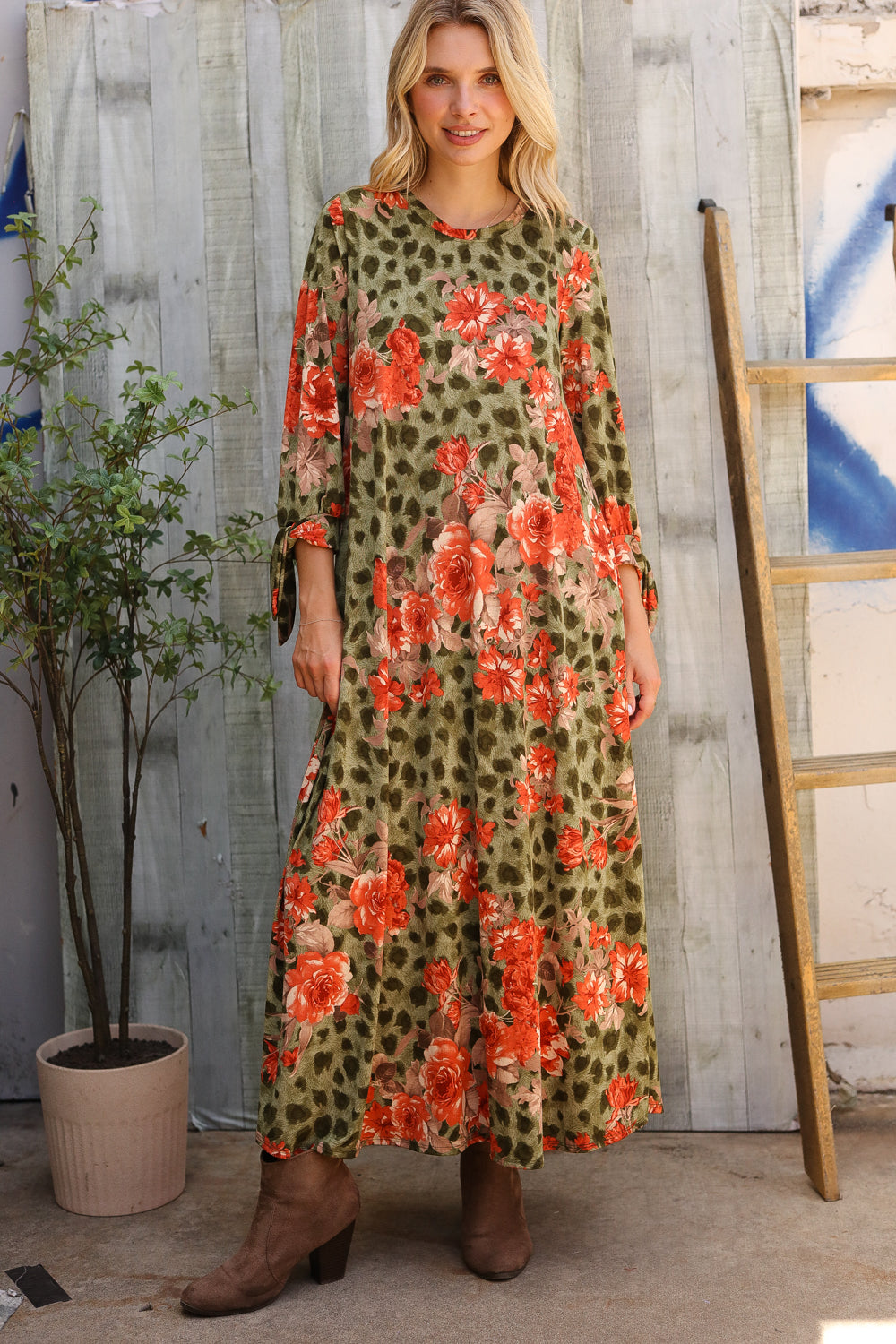 Follow Me Round Neck Animal Floral Print Tie Bow Sleeve Midi Dress