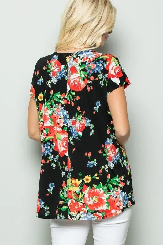 Black Floral Top - Front Knot (NP)