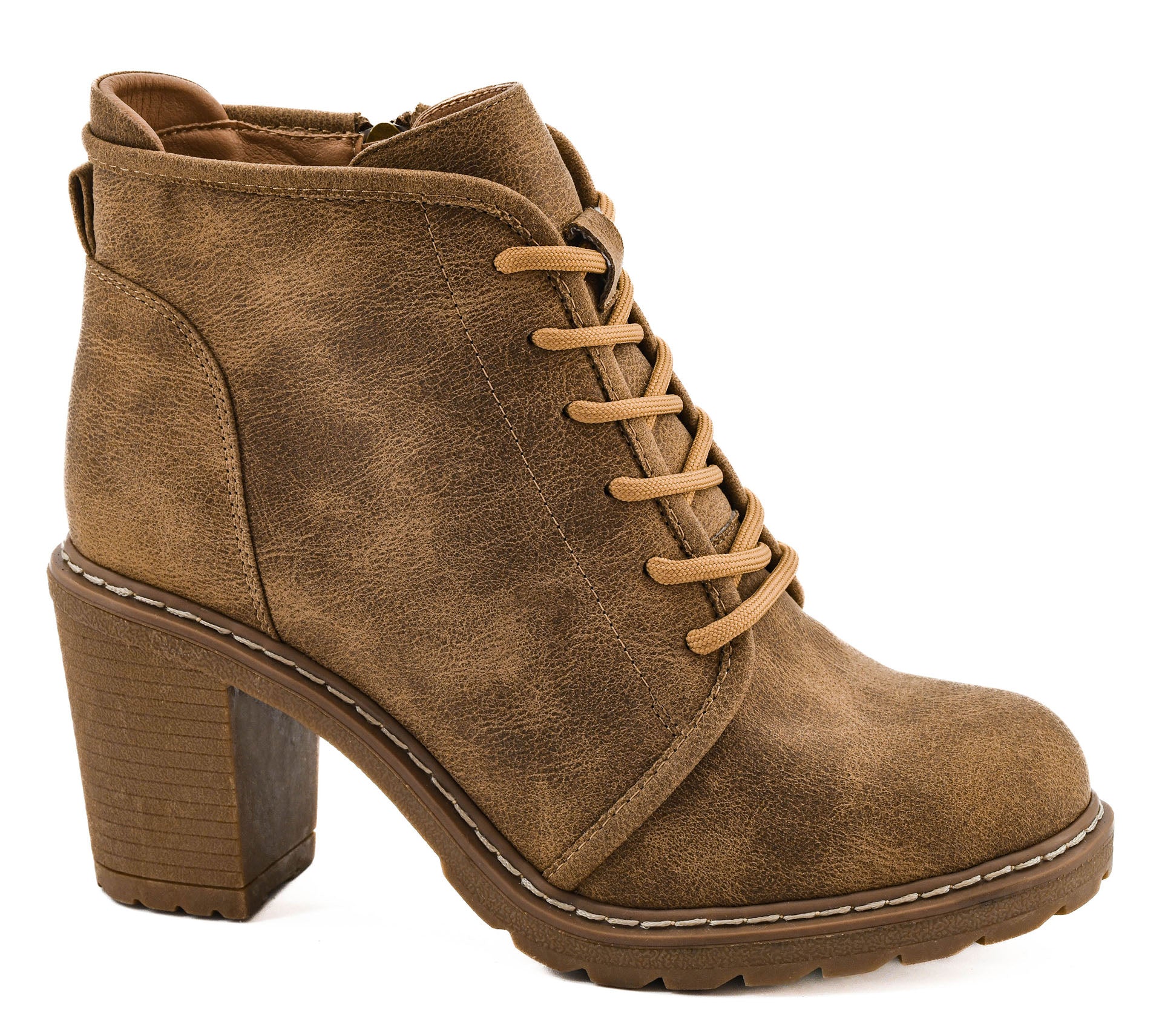 Brown suede ankle boot with a block heel on a white background