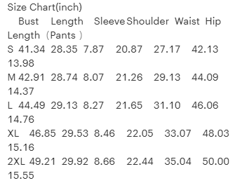 Size chart for clothing measurements including bust, length, sleeve shoulder, waist, and hip dimensions.