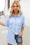 Casual Chic Blue Cotton Denim Snap Button Flap Pocket Top