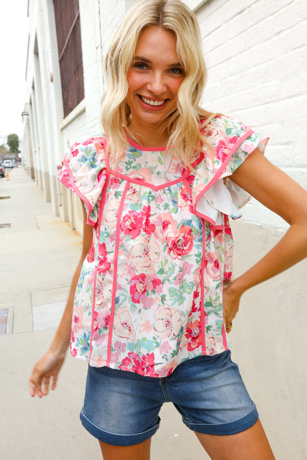 Southern Nights Pink Contrast Binding Floral Flutter Sleeve Top