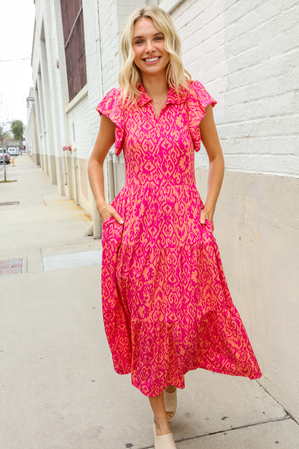 Find Love Fuchsia & Coral Boho Print Flutter Sleeve Dress