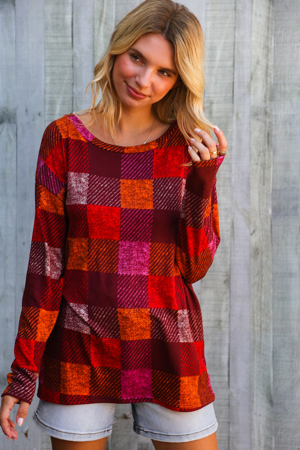 Autumn Embers Checker Plaid Long Sleeve Top