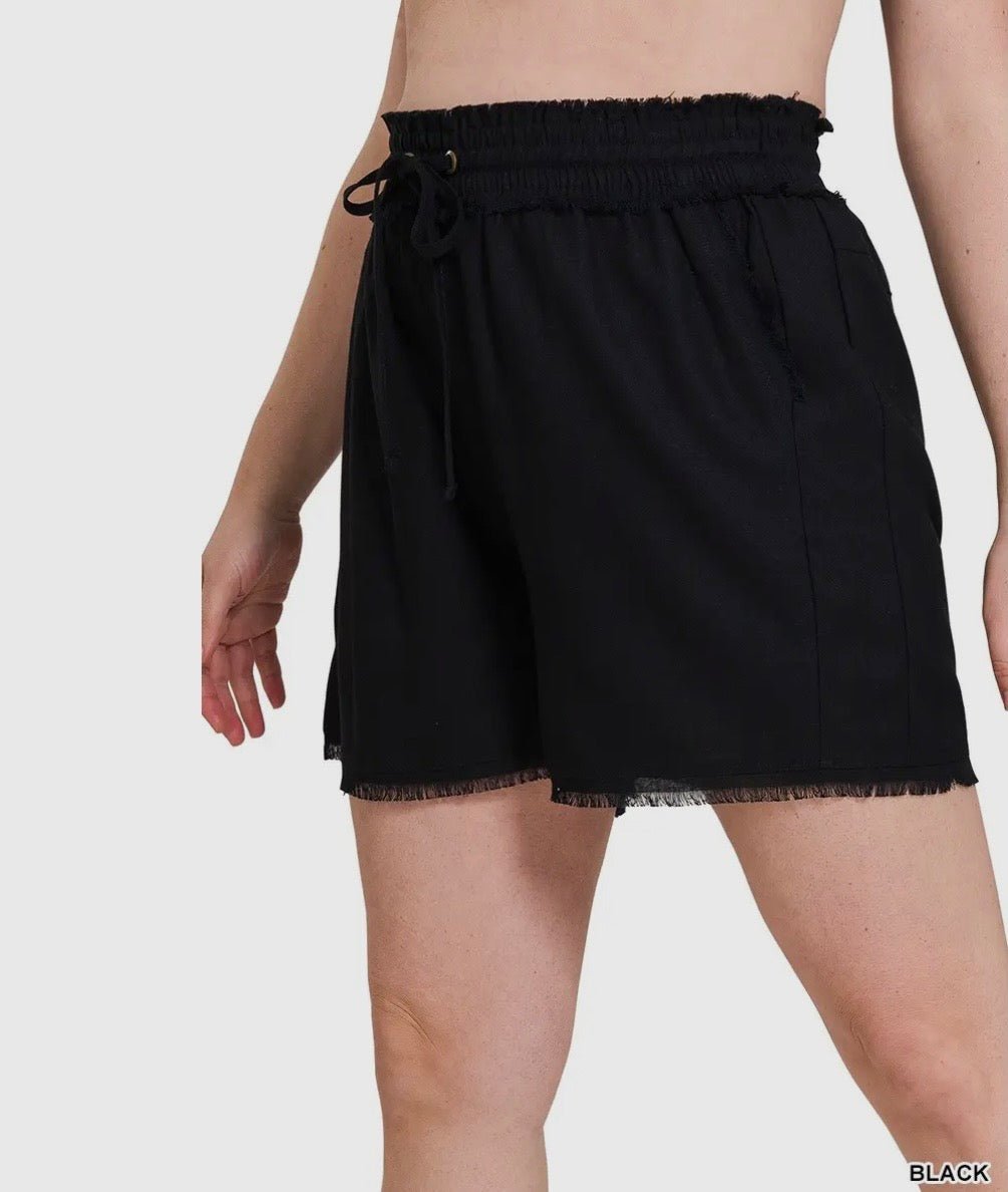 Linen Blend Elastic Waist and Drawstring Layered Frayed Hem Plus Sized Shorts (NP) - 3 Colors - Nikki and Co Boutique