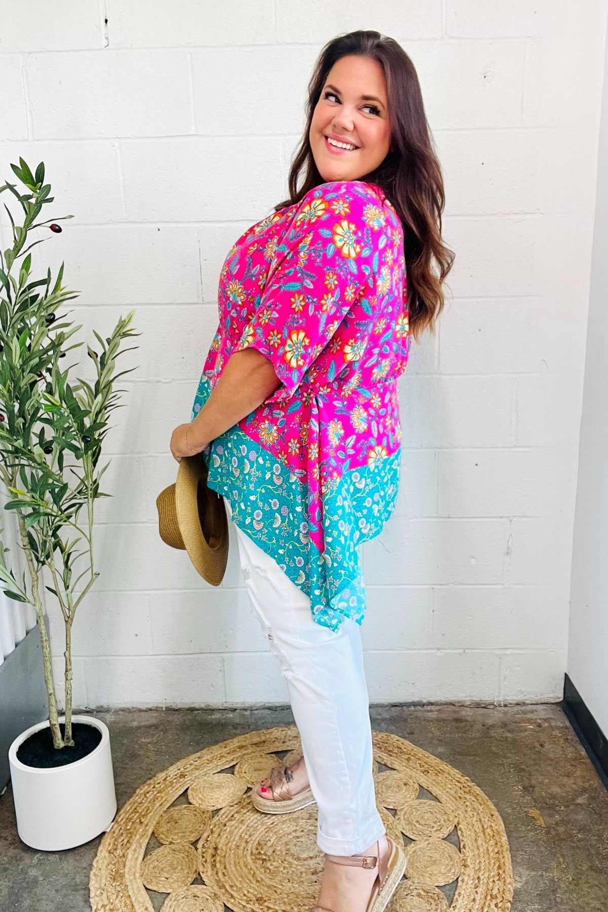 Vacay Ready Fuchsia Paisley Floral Dolman Sleeve Shark Bite Top
