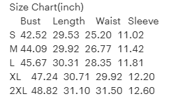 Size chart for clothing measurements in inches
