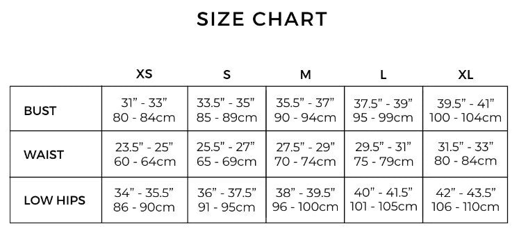 Size chart for clothing measurements including bust, waist, and low hips.