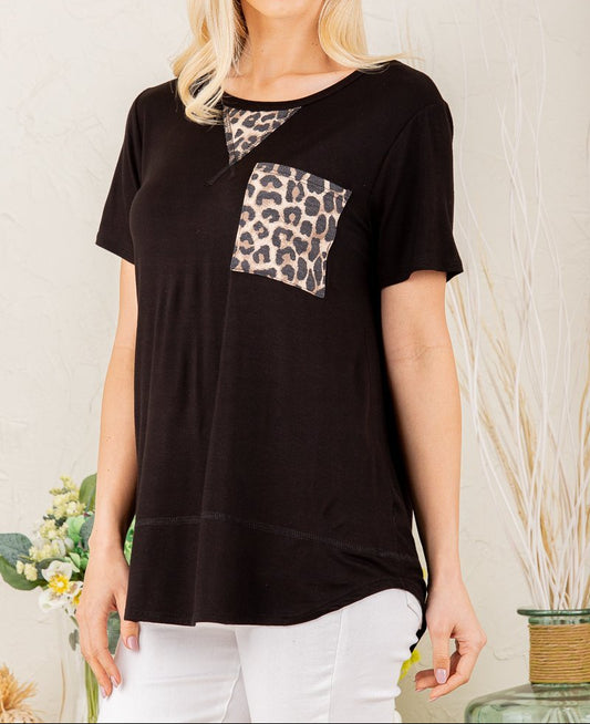 Heimish - (NP) Short sleeve, round neck solid and animal leopard top - Nikki and Co Boutique