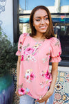 Pretty in Pink Floral Print Short Elastic Ruffle Sleeve Top
