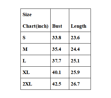 Table showing size chart with bust and length measurements in inches
